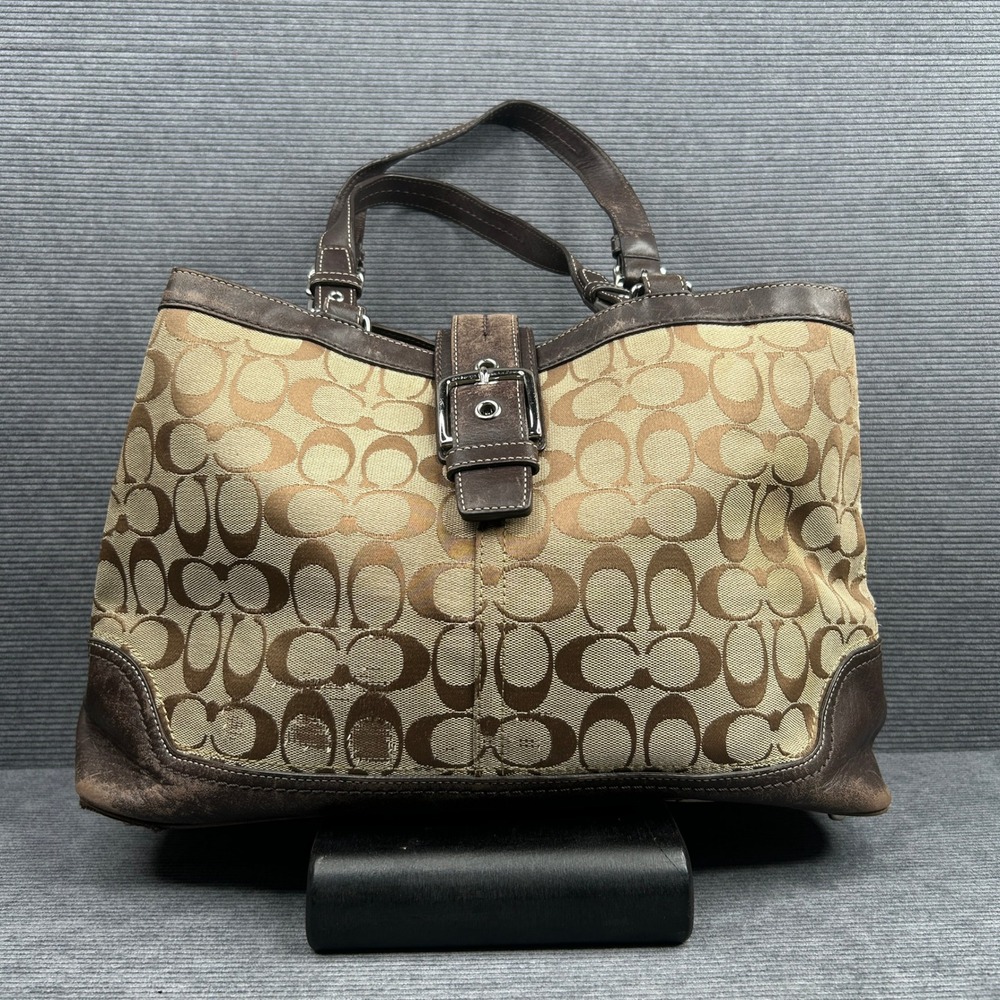 Coach F12642 Hampton Signature Tote Bag Brown Tan Jacquard Leather Monogram